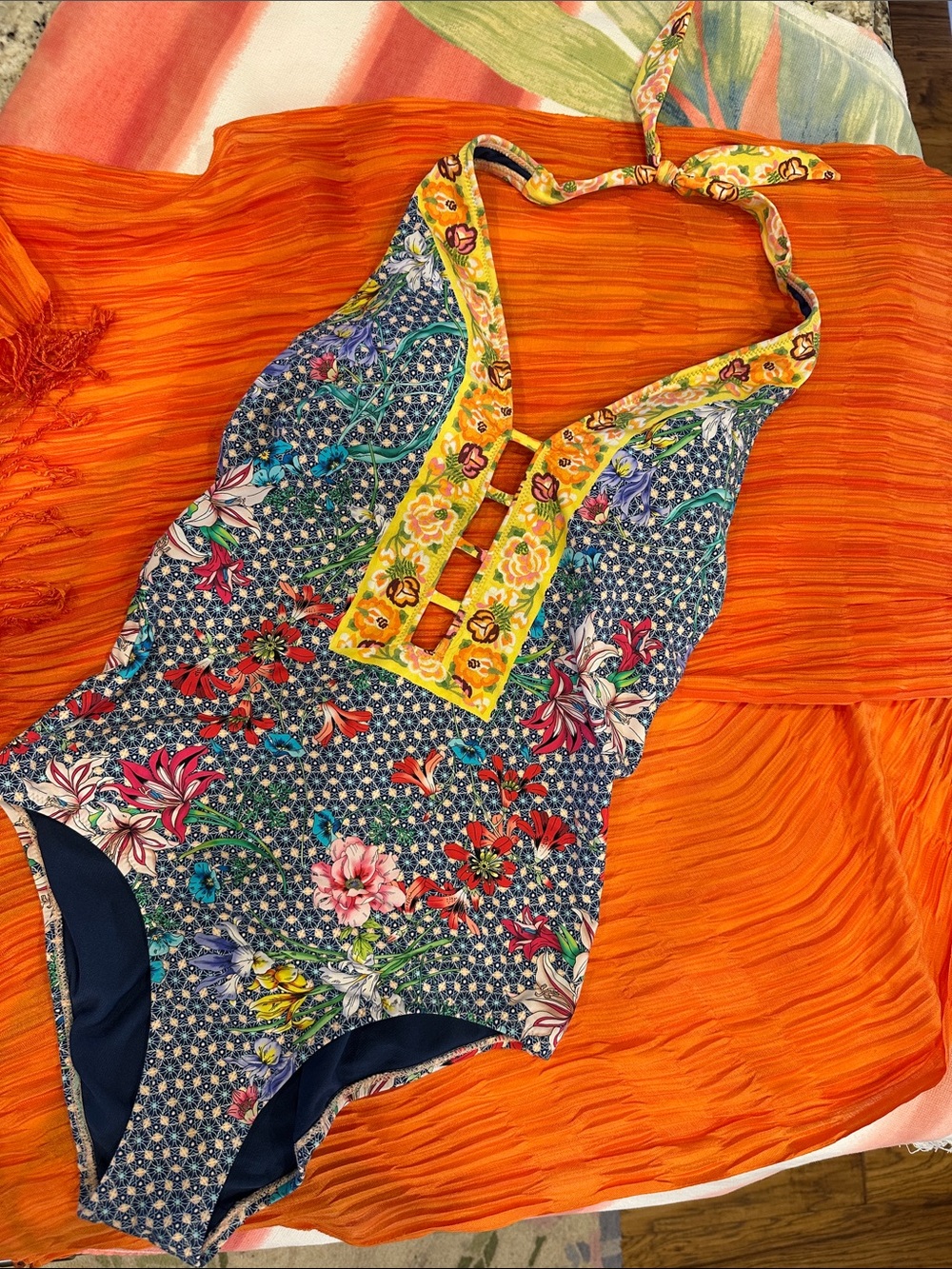 Johnny Was Floral Halter One-Piece Swimsuit in Blue and Yellow